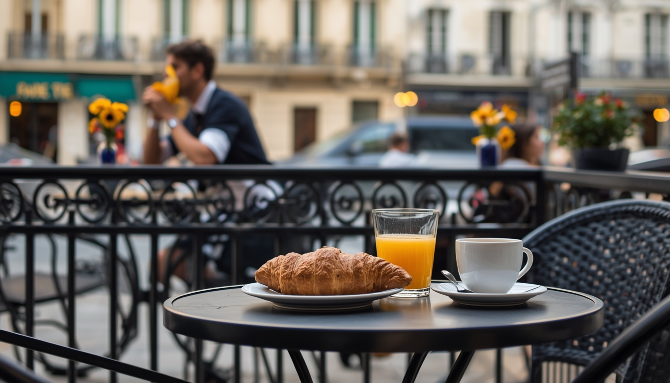 Terraza parisina, desayuno con medialunas y café