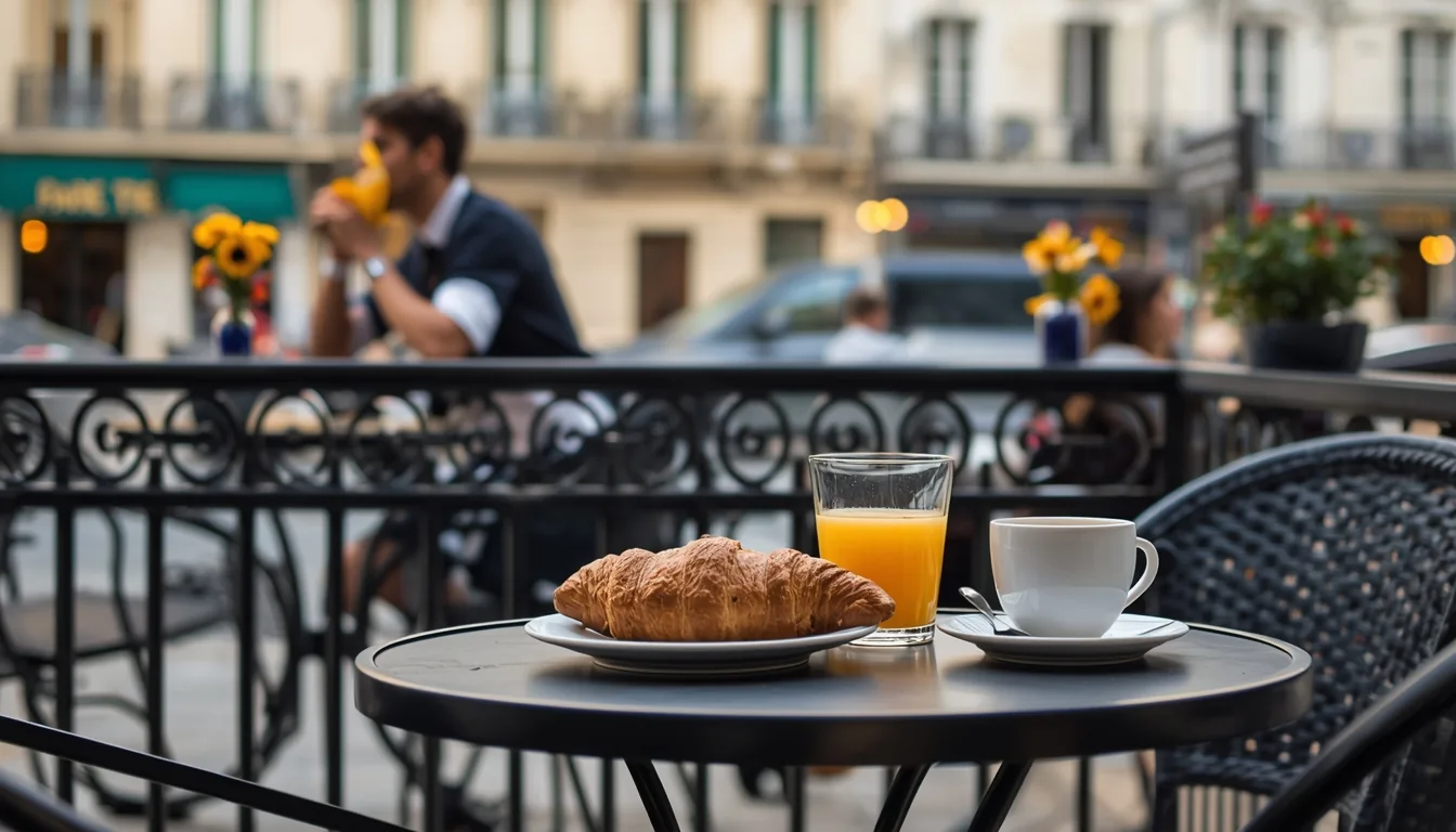 Terraza parisina, desayuno con medialunas y café