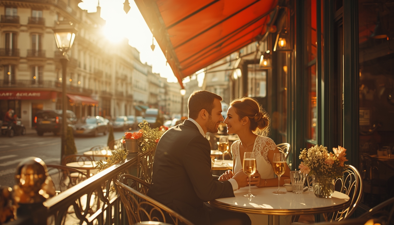 Pareja en una terraza parisina con luz dorada